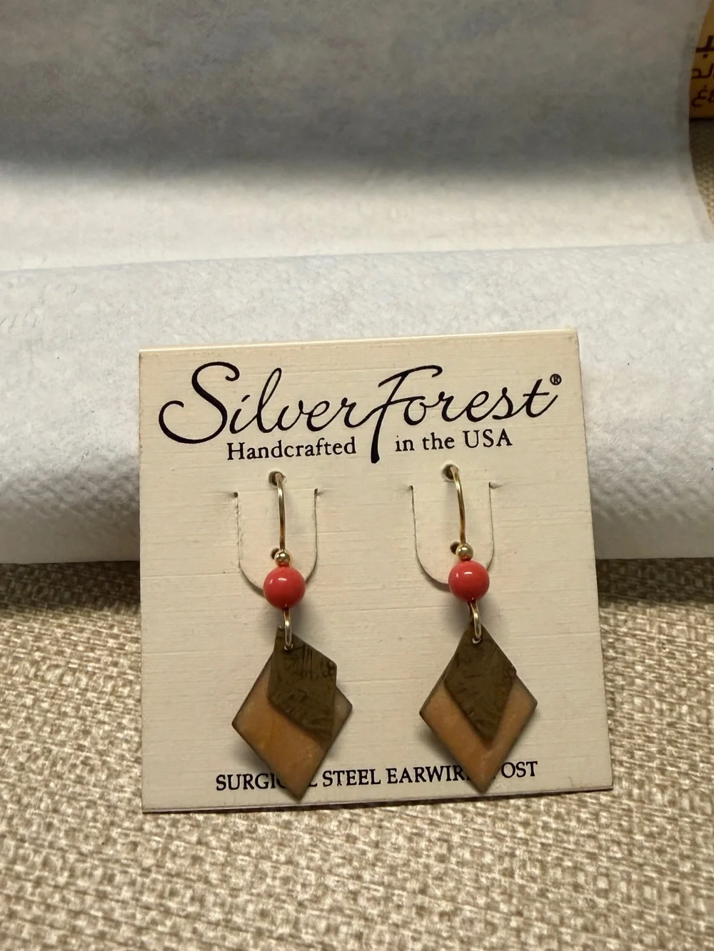 Silver Forest Coral and Brown Two-Tone Drop Earrings